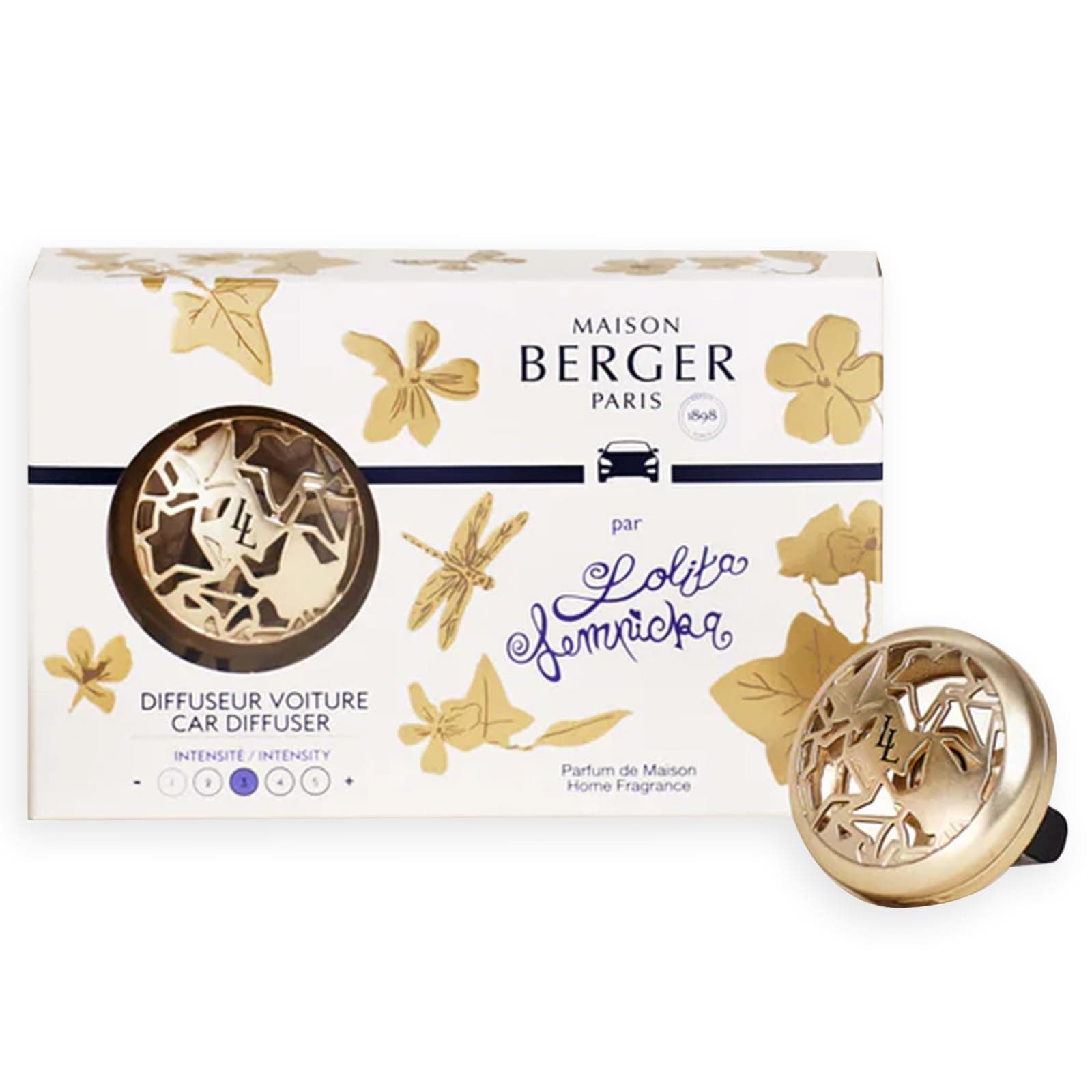 Car Diffuser Set – Refillable Vent Clip, Ceramic Refill, Made in France - Luxury Auto Scent - 4-Week Diffusion - Elegant Air Freshener for All Car Vents (Lolita Lempicka Satin Gold)