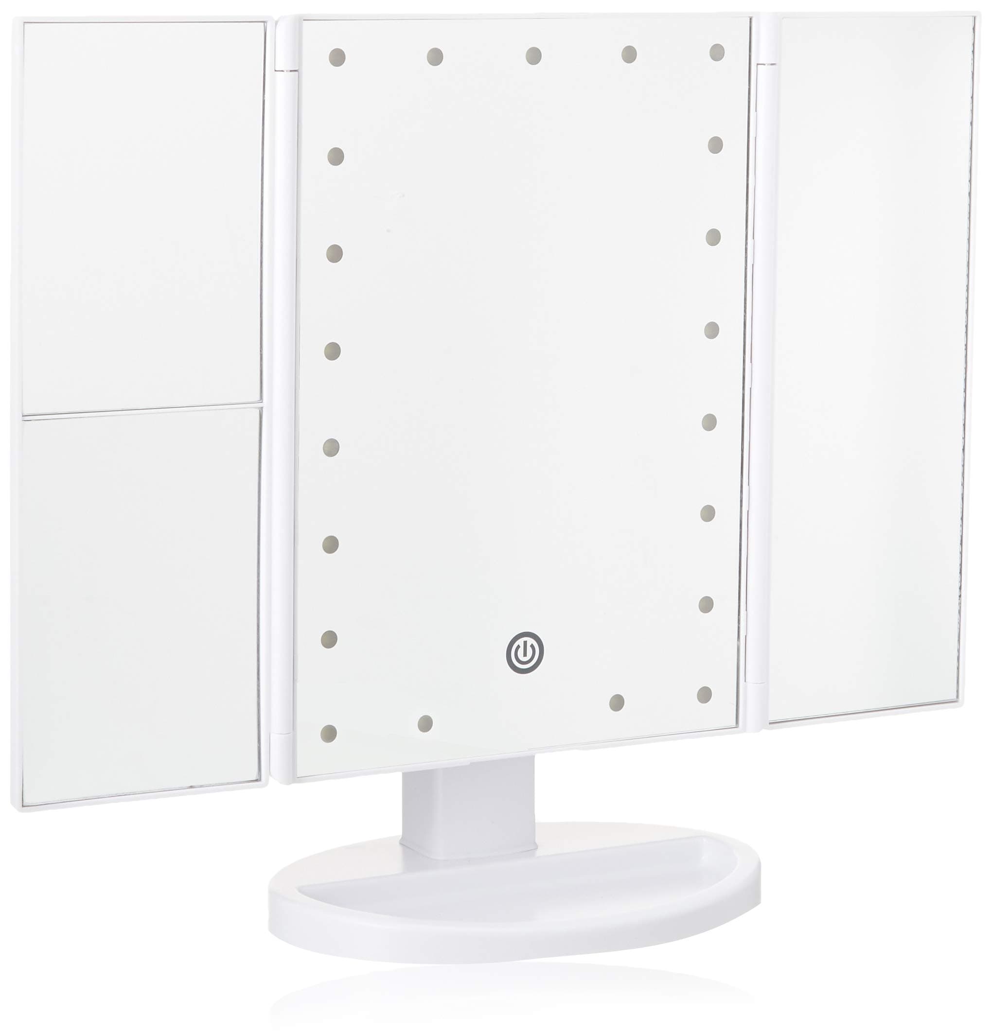 TriFold Illuminated Vanity Makeup Mirror, with 21 LED, Touch Screen, 180° Adjustable Stand, 1x/2x/3x Magnification, Batteries and Usb Charging