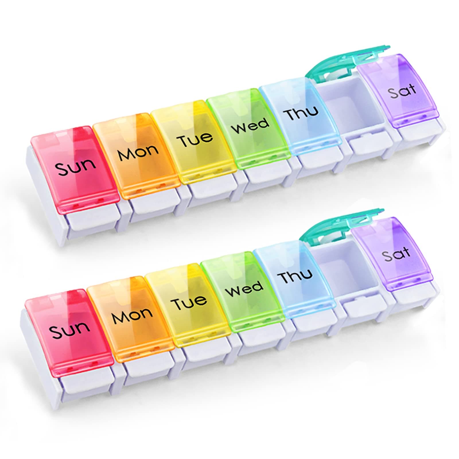 2 Pcs Weekly Pill Organizer Arthritis Friendly (1 Time a Day), Travel 7 Day Pill Box Vitamin Organizer with Easy Push Button Design and Large Compartments to Hold Vitamins, Fish Oil, Medication