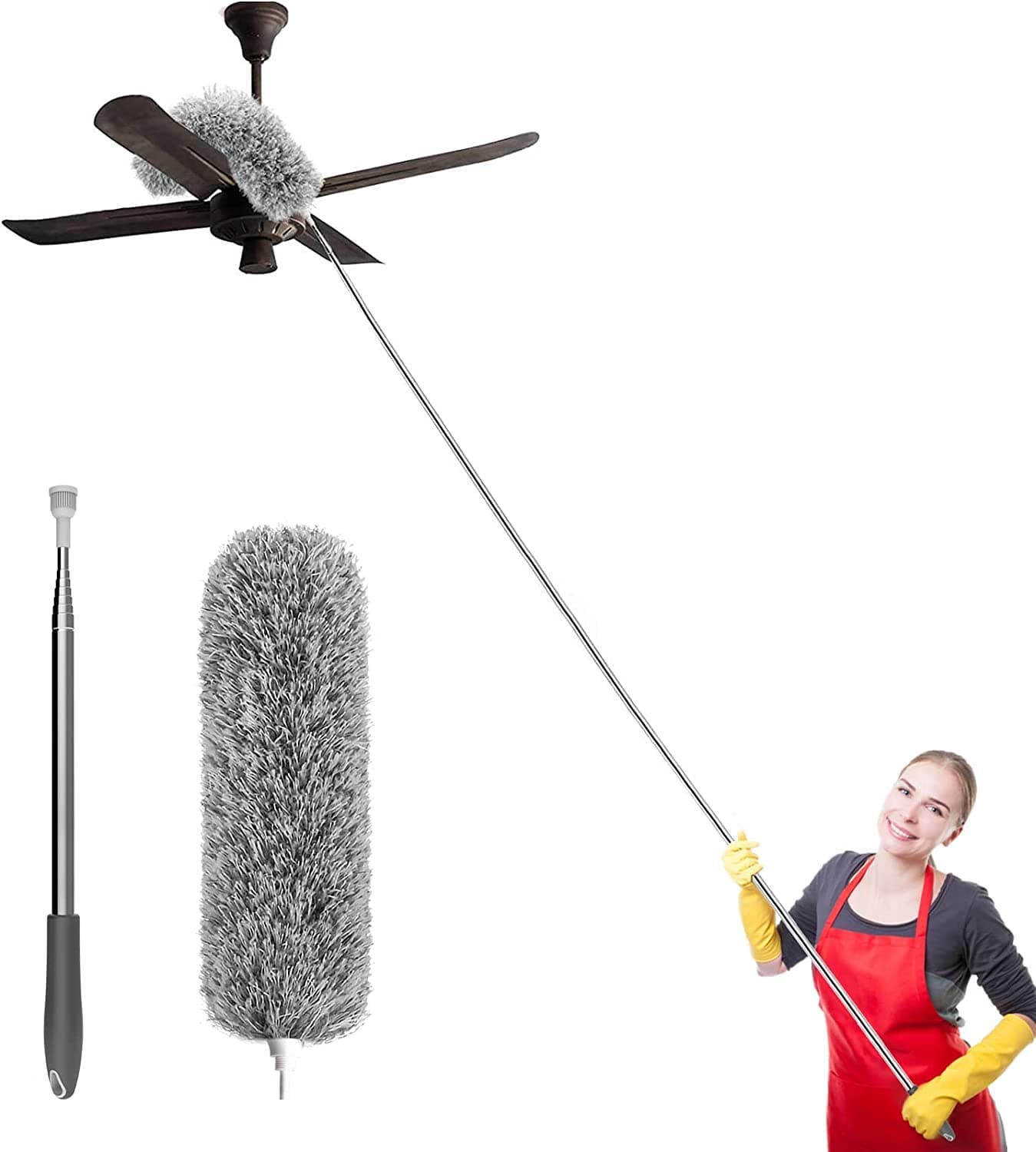 - 2026 Upgraded Long Handle Microfiber Feather Fan Ceiling Duster for Dust Cleaning with extendable Pole 100 Inch with Anti Scratch Bendable Brush for Cleaning High roof Cobweb Stick