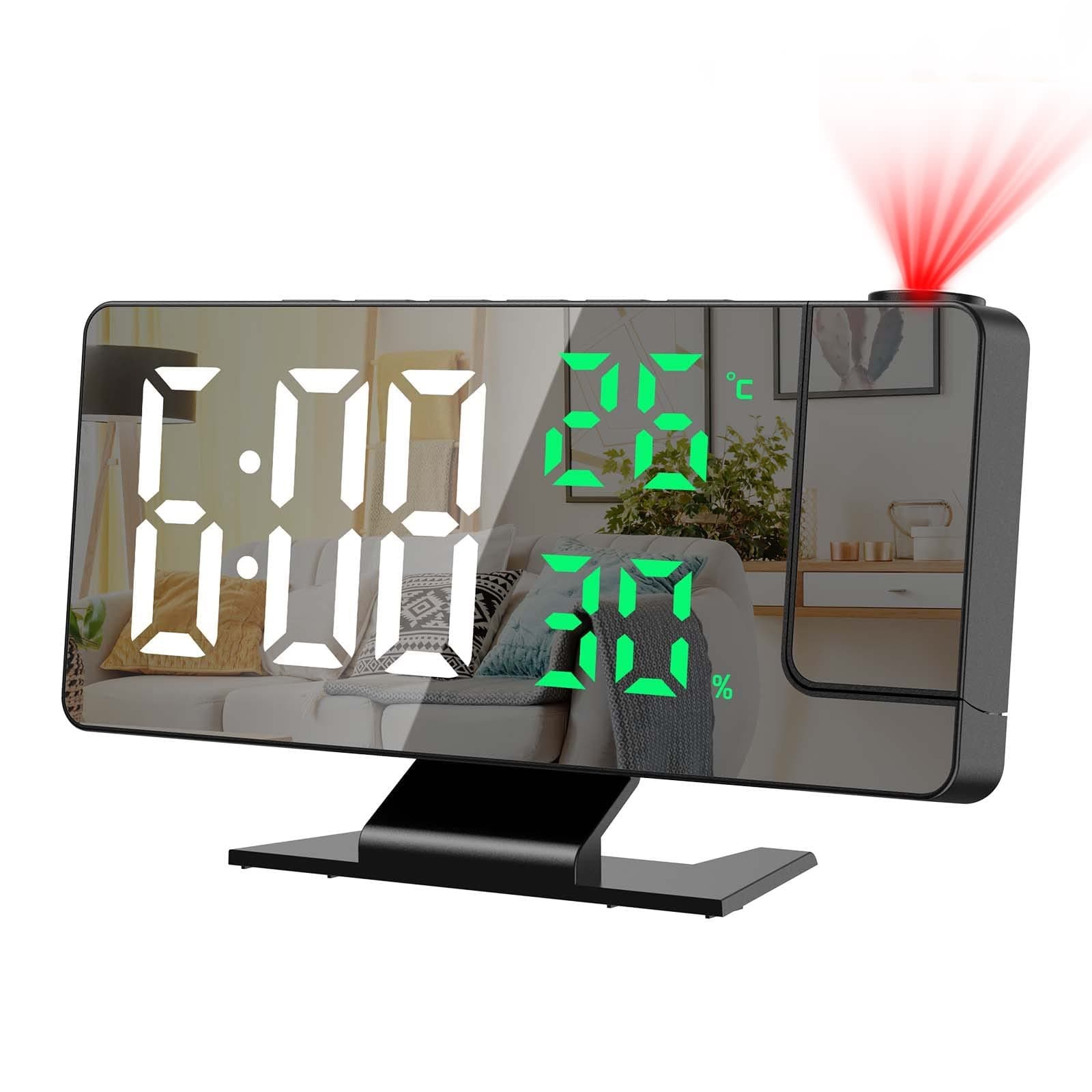 ORIAProjection Alarm Clock, LED Alarm Clock, 7.8" Mirror Display Bedroom Clock with 180° Rotatable Projector, Temperature Humidity Display, USB Charging Port, Snooze, Adjustable Brightness