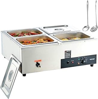 VEVOR 4-Pan Commercial Food Warmer, 4 x 12QT Electric Steam Table, 1500W Professional Countertop Stainless Steel Buffet Bain Marie with 86-185°F Temp Control for Catering and Restaurants, Silver