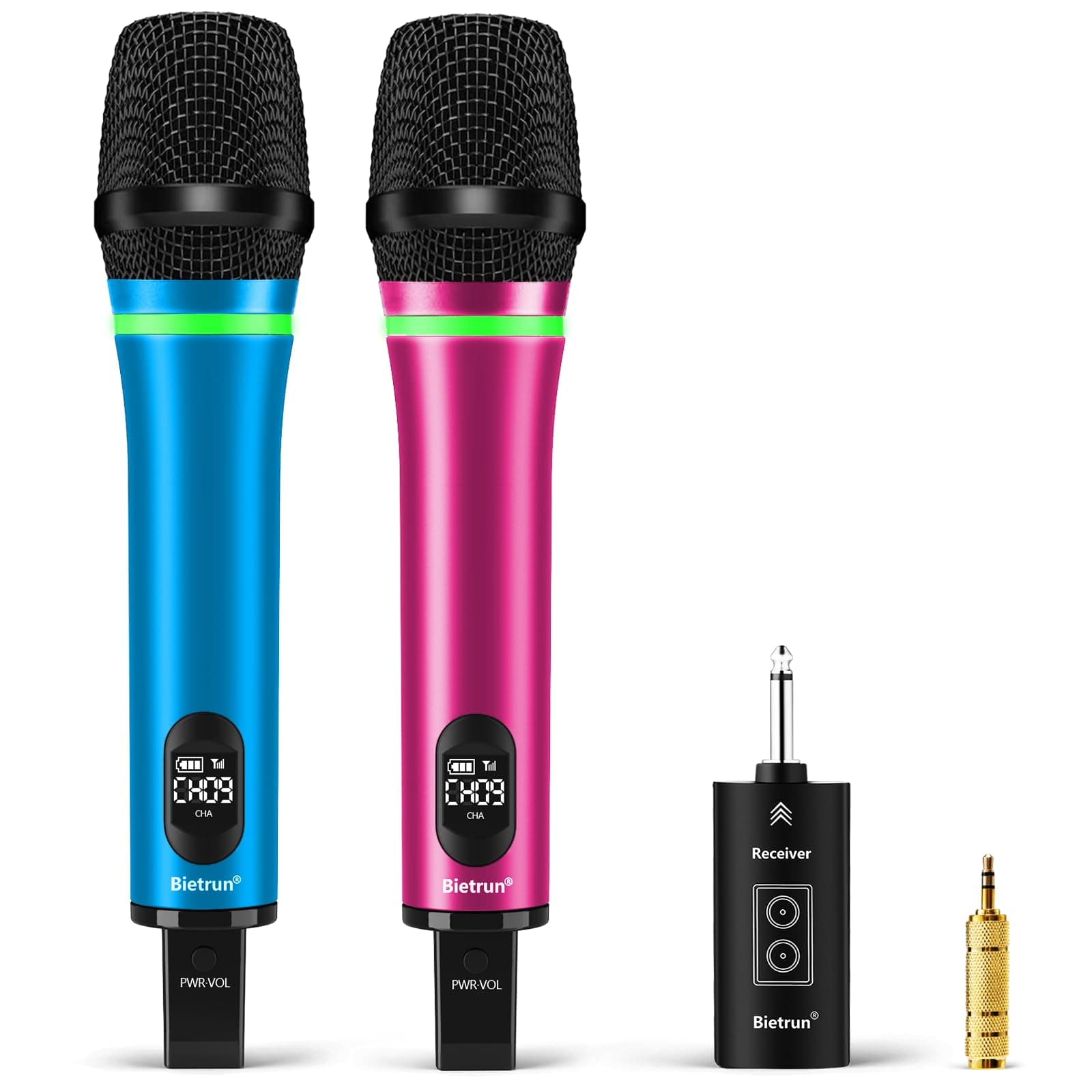 Bietrun Rechargeable Wireless Microphone, Dual Metal Cordless Handheld Dynamic Wireless Mics with Bluetooth, UHF 240FT Range, for 1/4'',1/8''Output,PA system,Dj,Mixer,Church(Blue&Pink)