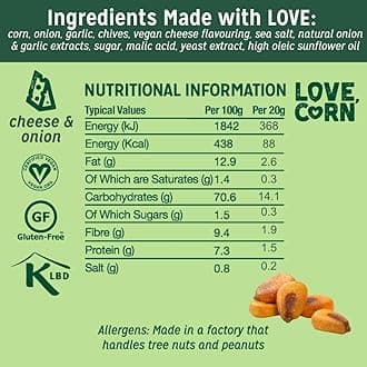 LOVE CORN Cheese & Onion Crunchy Corn Snack | 24 x 20g Bags | Kosher, Vegan, Gluten-Free | Simple Ingredients, Low Calorie, Low Sugar | Great For Lunchbox & On The Go | Perfect Healthy Graze | UK Made