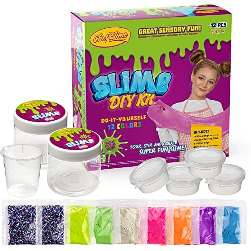 Chefslime Slime Making Science Supplies Kit DIY [26 Pieces] Create Your Own Fluffy & Stretchy Slime, Includes 12 Slime | 6 Glitter | 4 Jars| 2 Mixer cups | measurement cup, Mixing Stick, Instructions