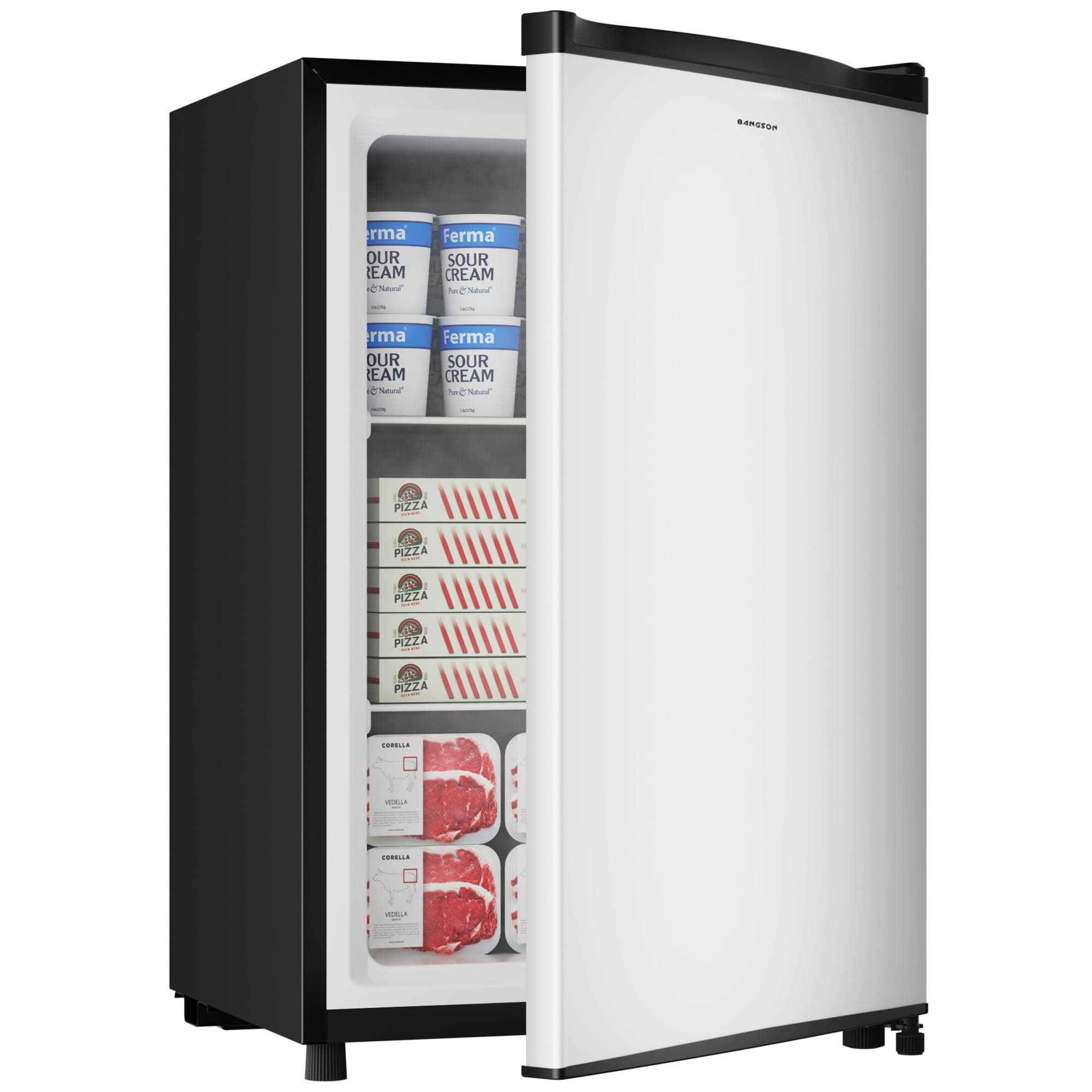 BANGSON 3.0 Cu.ft Compact Upright Freezer, Energy-Saving Mini Freezer with Adjustable Thermostat, Removable Shelves, Reversible Door, Ideal for Dorm/Office/Apartment, Silver