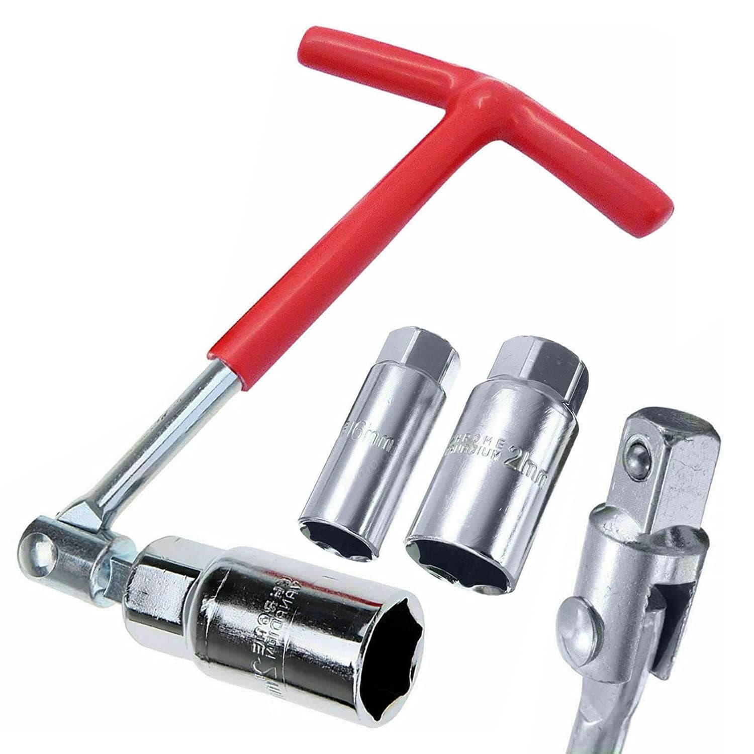 Spark Plug Socket Wrench Set,Red T-Handle Stainless Steel Silicone Spark Plug Removal Wrench Tool 16mm and 21mm - Flexible Spanner Spark Plug Wrench for Fastening and Demolition