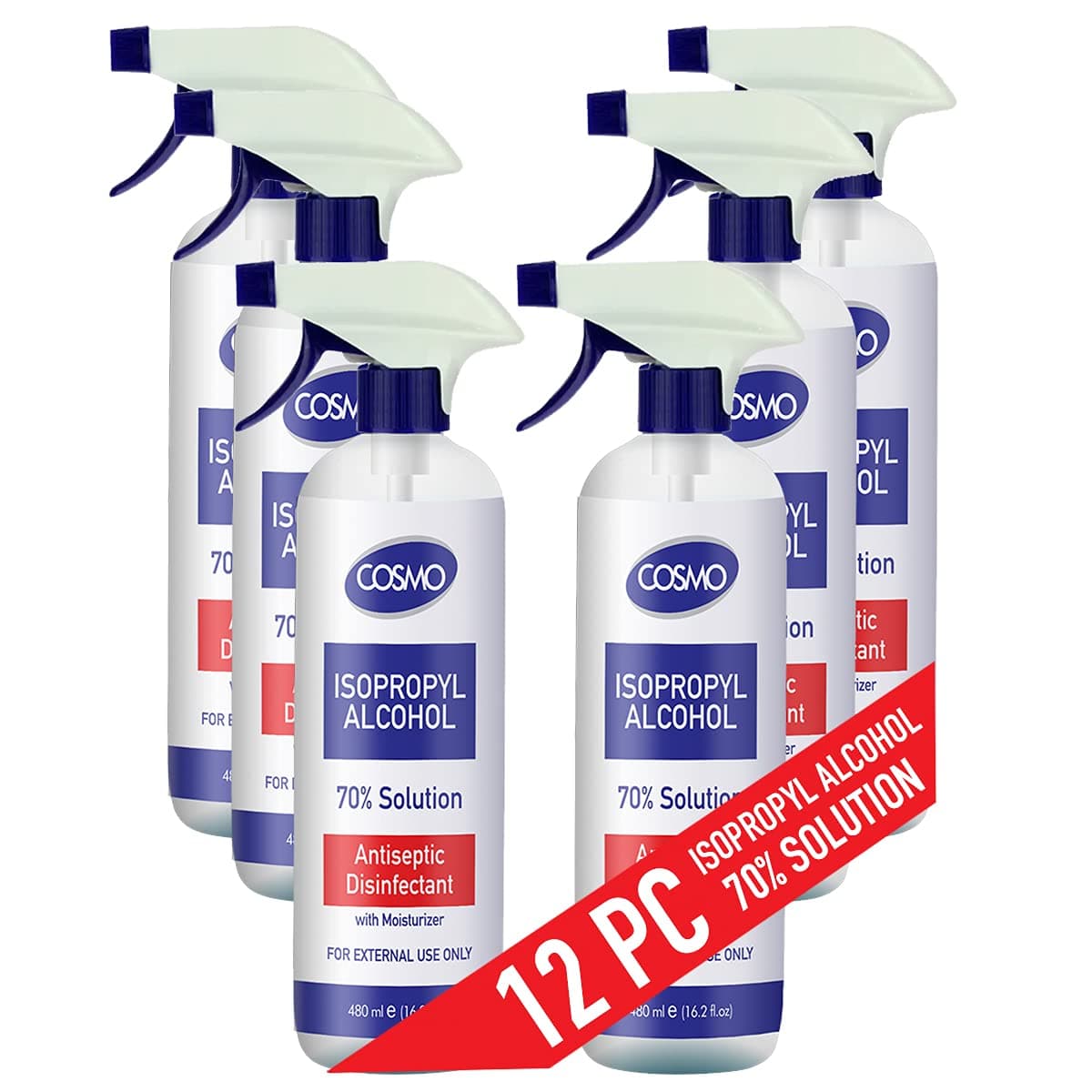 Cosmo Isopropyl Alcohol 70% Solution Antiseptics & Disinfectants Trigger Spray - 480ml e 16.2 fl.oz - Pack of 12 - IPA 70% Liquid - Moisturizers - Sanitizers - Quick Action - First Aid - Blue