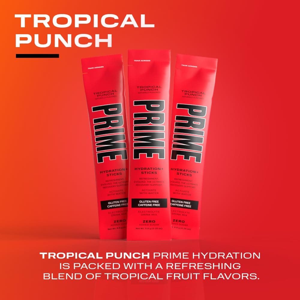 PRIME HYDRATION+ Sticks TROPICAL PUNCH | Hydration Powder Single Serve Sticks | Electrolyte Powder On The Go | Low Sugar | Caffeine-Free | Vegan | 6 Sticks