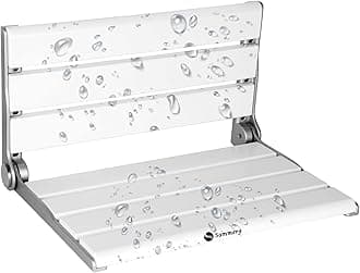 18" Teak Folding Shower Seat Wall Mounted,Fold Down Shower Bench for Small Shower Space, Home Care Teak Wood Stool for Inside Shower,Pregnants-Maximum Load 380lb (White&Silver)