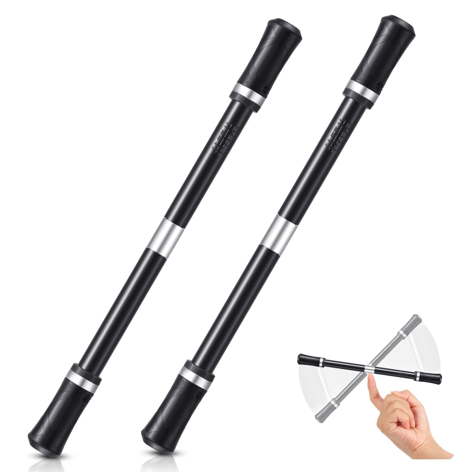 2 Pieces Rotating Pen Rolling Finger Rotating Pen Gaming Trick Pen Mod with Tutorial No Pen Refill Stress Releasing Brain Training Toys for Kids Adults Student Office Supplies (Black and Silver)