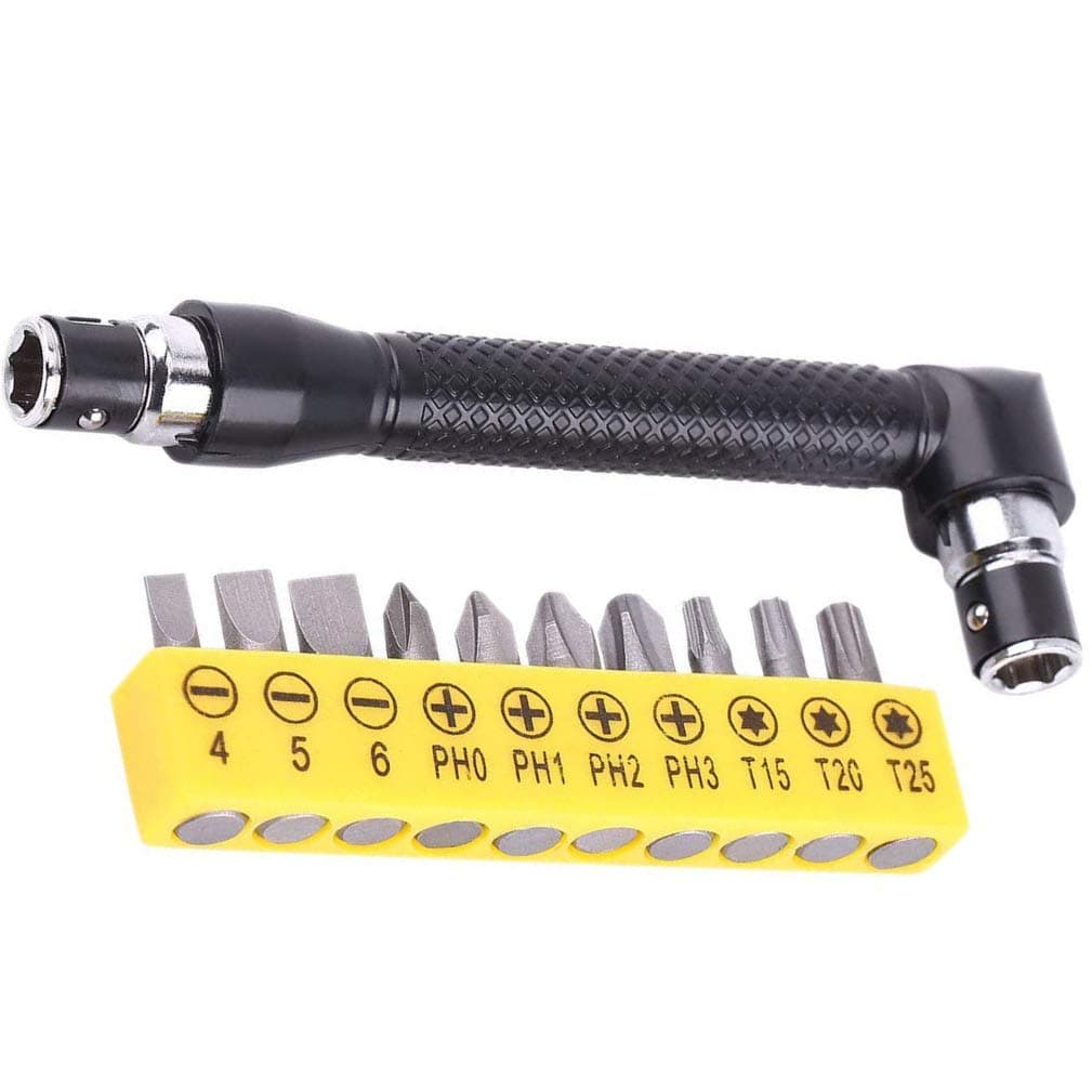 Double Head L-shaped Socket Wrench Extension Handle 1/4'' Hex Shank 90 Degree Right Angle Screwdriver Adapter, with 10Pcs Screwdriver Bits