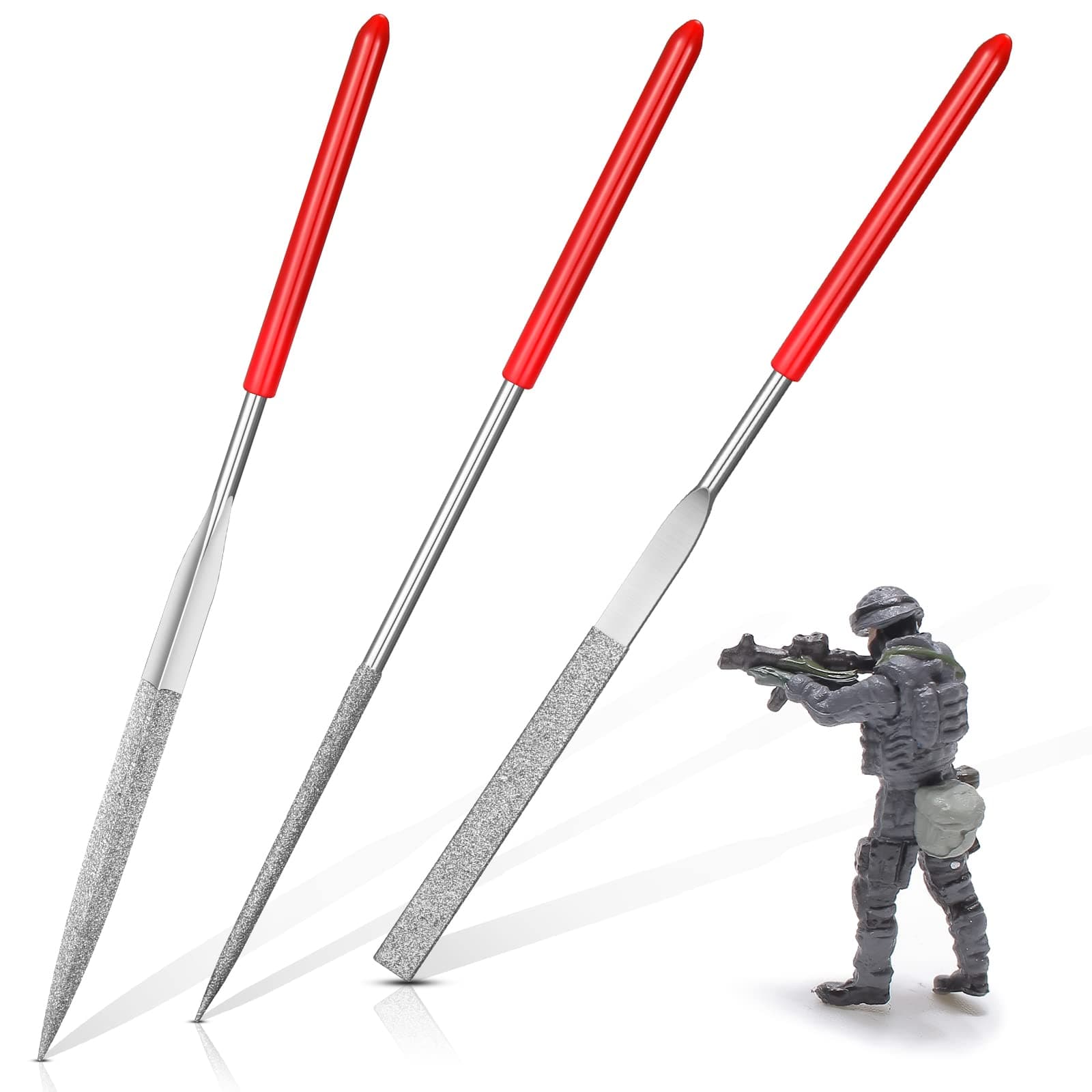 Honoson 3 Pcs Miniature and Model Files, Diamond Small Metal Needle File Set with Round, Flat Tool and Triangular Rasp, for Metal, Resin, and Plastic Miniatures