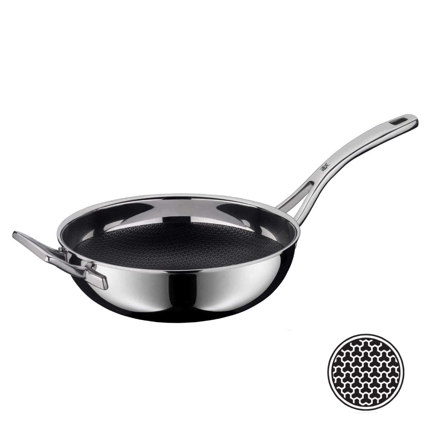 WMFProfessional Resist Wok Diameter Multi-layer Material Fully Coated Honeycomb Structure Plastic Handle Suitable for Induction Cookers Black Fully coated Black stainless steel, 28 cm