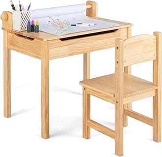 Costzon Kids Table and Chair Set, Flip Top Kids Art Craft Table w/Chair for Playroom Kindergarten, Toddler Drawing Writing Desk Set w/Paper Roll & 2 Markers, Gift for Boys Girls Ages 3+ (Natural)