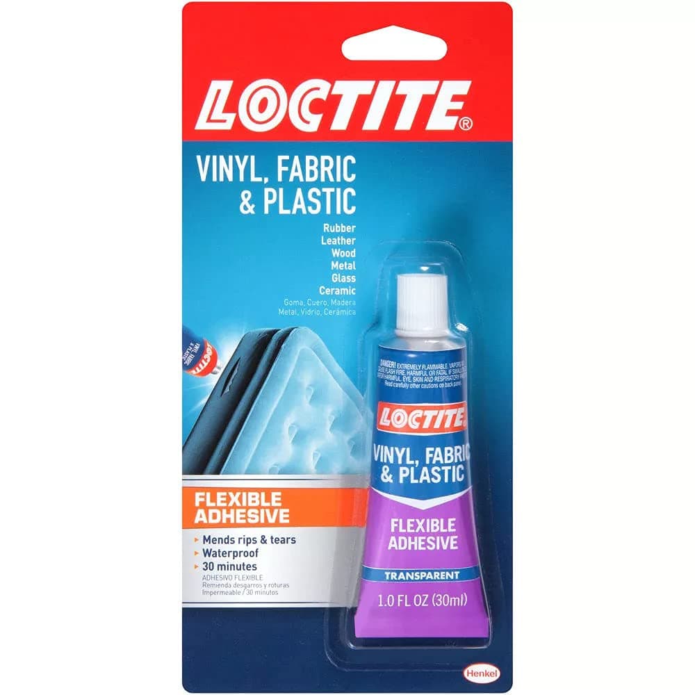 - Vinyl Fabric & Plastic Repair Flexible Adhesive, clear liquid adhesive ideal for repairing vinyl seats, cushions, tarps, and outdoor gear, highly flexible to withstand bending and torsion
