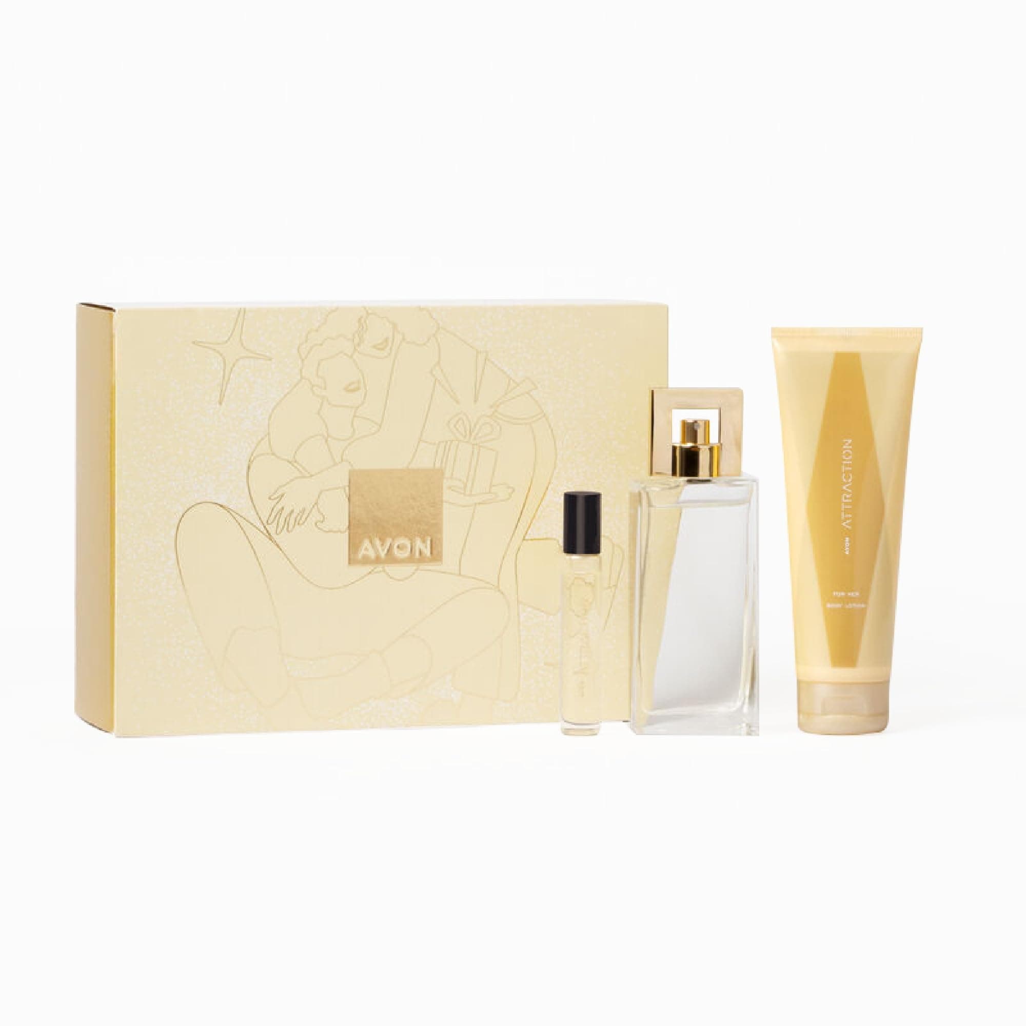 Attraction for Her Three Piece Gift Set with Eau de Parfum 50ml Body Lotion 125ml and Purse Spray 10ml in a Gift Box, Fruity and Musk Scent Notes, Long Lasting Formula, Cruelty Free