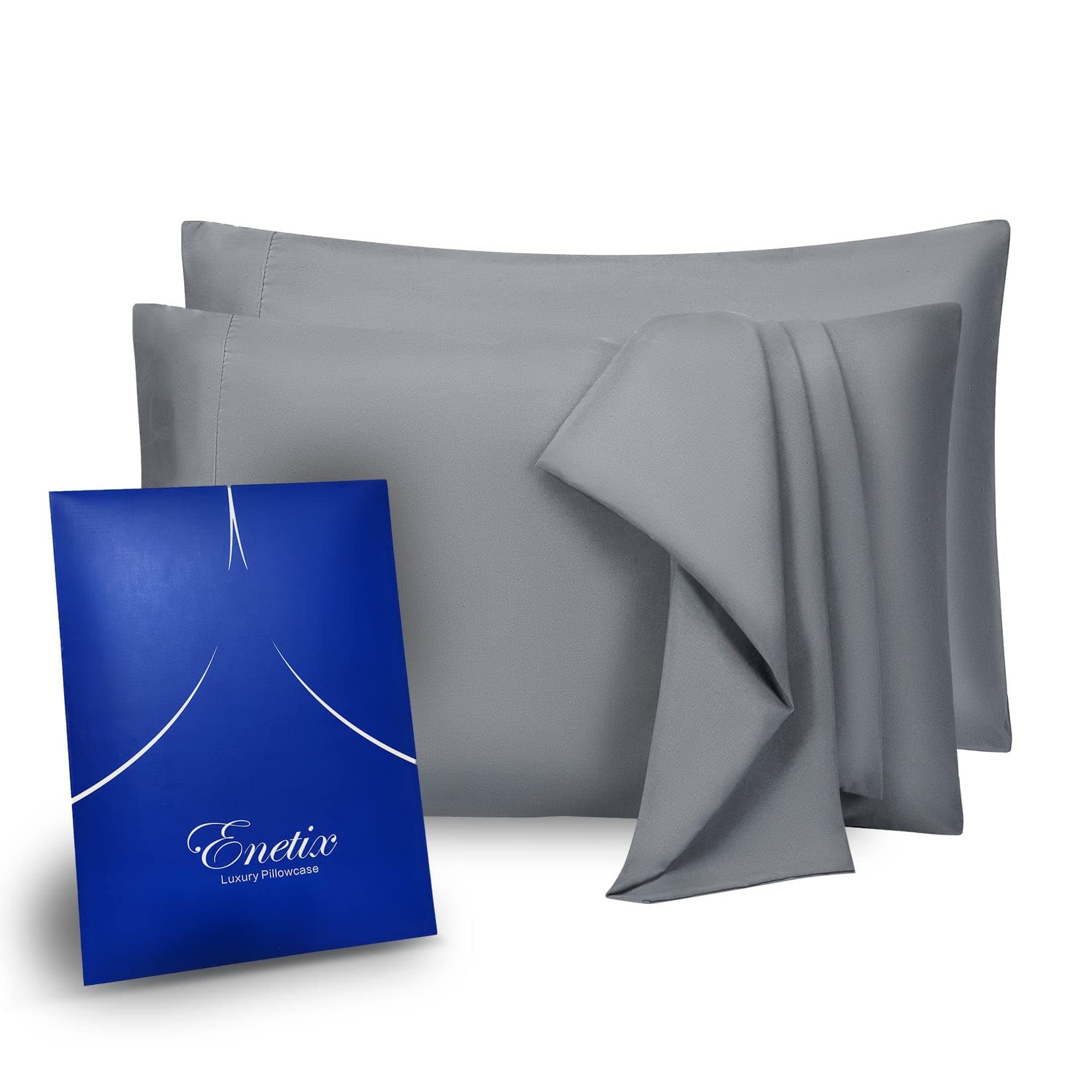ENETIX 2 Pack 1800 Brushed Microfiber Pillowcase with Gift Package, Acne Free Envelope Design Pillow Cover for Hair and Skin (Grey)