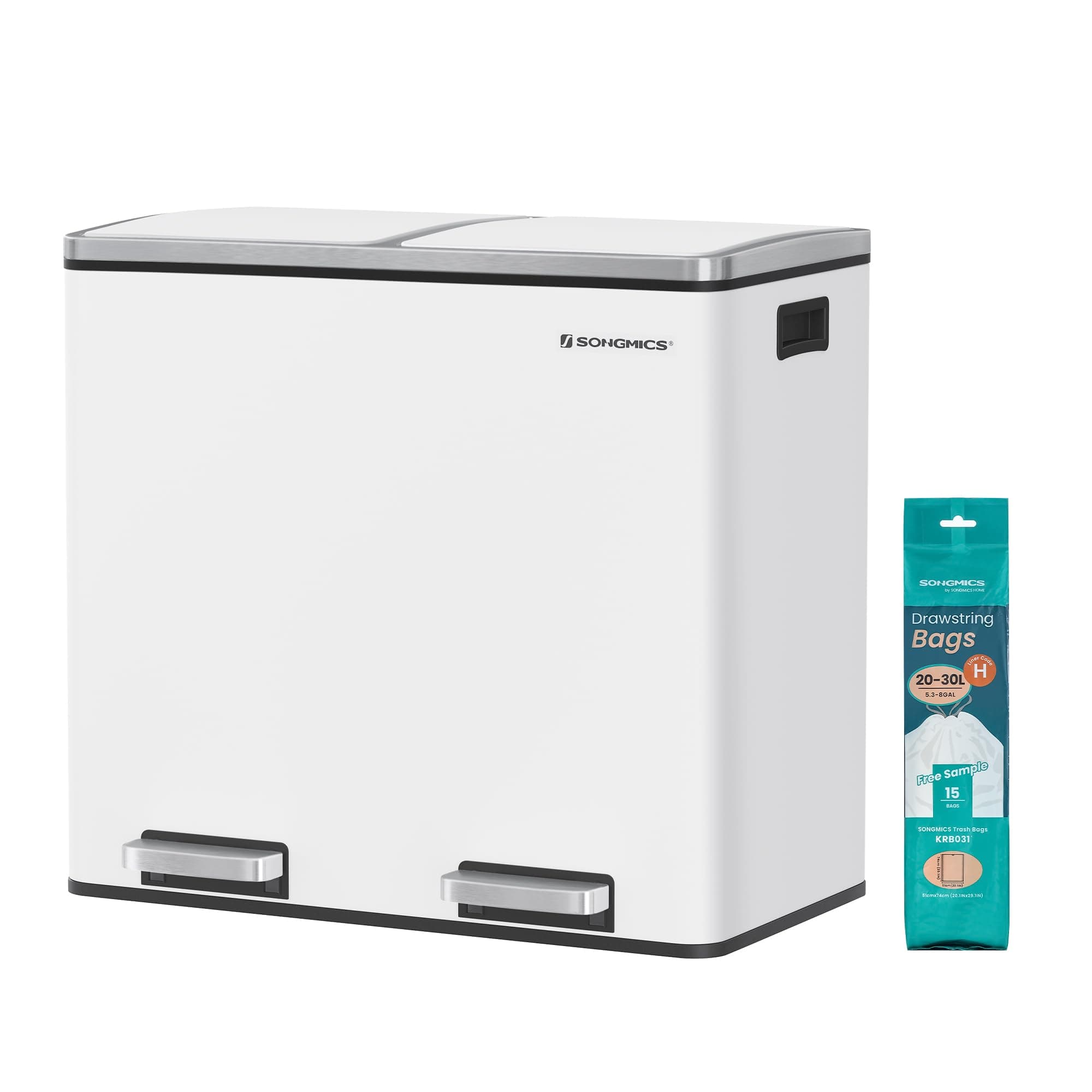 SONGMICS Waste Bin, Waste Separation System with 2 Compartments, Pedal Bin for the Kitchen, 2 x 24 L, Soft Close, Plastic Inner Bucket with Foot Pedals and Handles, White, LTB48WT, 58.5 x 32 x 54.5 cm