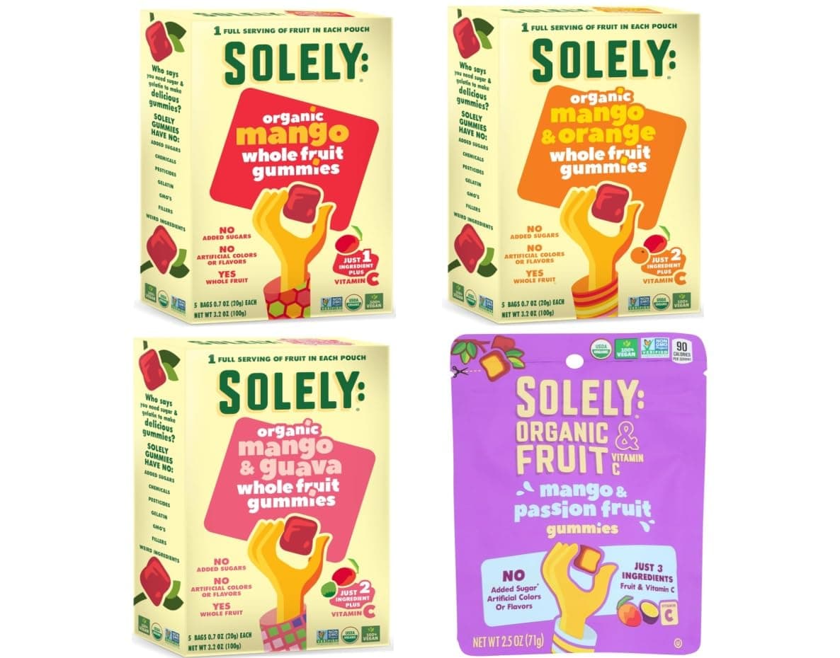 SOLELY Organic Fruit Gummies Variety Pack, Mango, Orange, Guaba, and Passion Fruit, Total 4 Packs, LIVEBEAR Assortment.