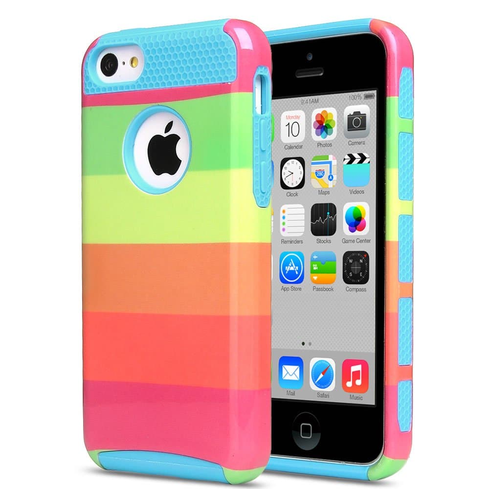 ULAK iPhone 5C case 2 in 1 Shield Series Colorful Hybrid Case for Apple iPhone 5C with Rugged TPU Inner Case + Patterned PC Hard Cover (Rainbow + Lightblue)