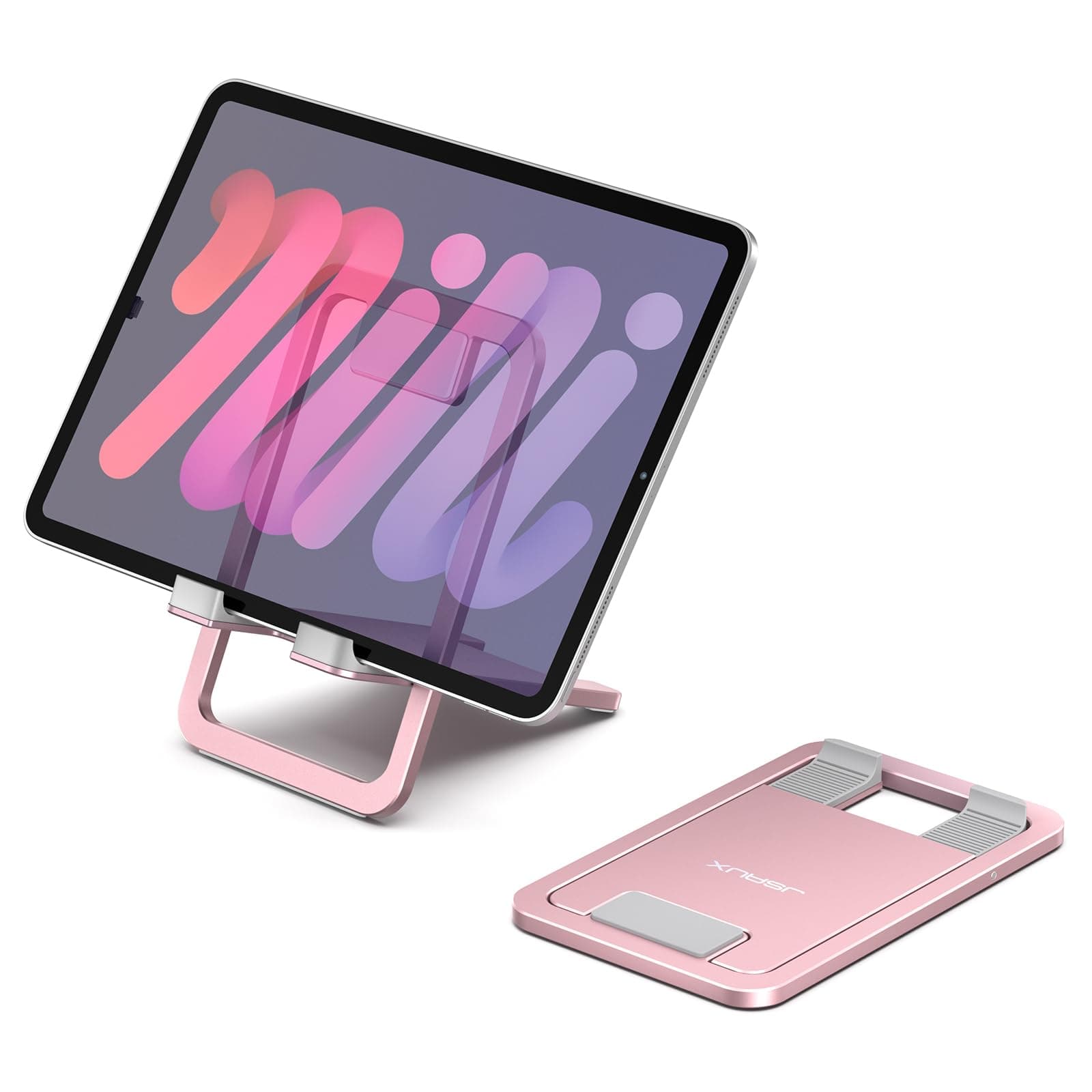 JSAUX Universal Tablet Stand, Portable Foldable Tablet Holder for Desk Compatible with iPad Mini/Air/Pro, Samsung Galaxy Tab, Kindle Fire, Steam Deck, Switch, ROG Ally, iPhone and Other Tablets-Pink