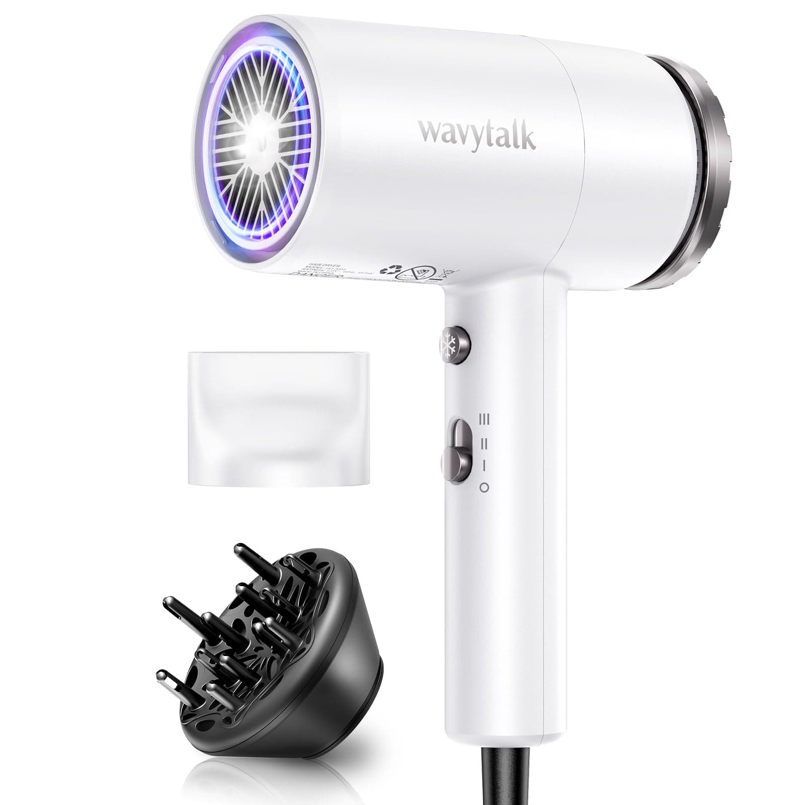 Wavytalk Hair Dryer with Diffuser 1875W Ionic Blow Dryer for Fast Drying with Concentrator Lightweight White.