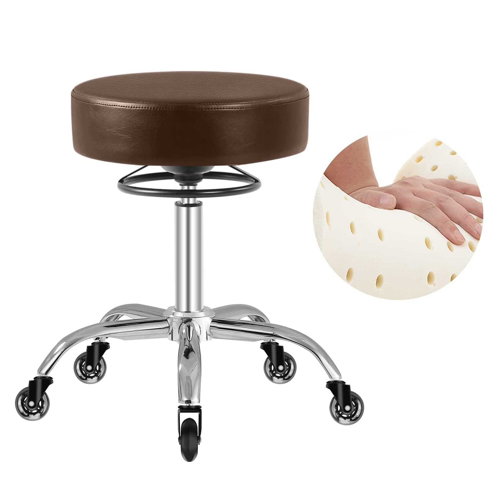 Rolling Stool with Wheels 400lbs Weight Capacity,Heavy Duty Lash Chair Adjustable for Tatoo Lab Massage Salon Spa Drafting Nail Teach,360 Swivel,Leather,Thick Seat Padding (Brown)