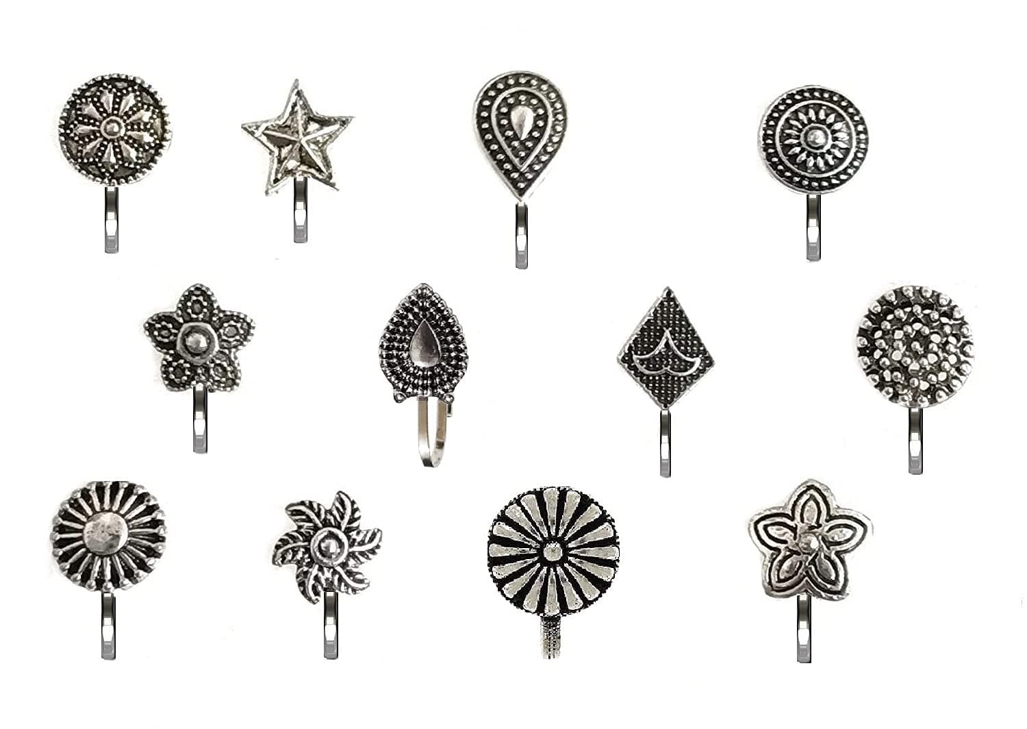 Fashions Without Piercing Nosering Pressing Type Clip On Oxidised Silver Nose Pin Stud For Women (Oxidised Nose Pin) (1.5cm, Black Silver)