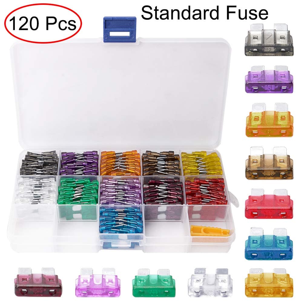 Electrely 120Pcs Assorted Car Fuse Blade Box with Clip, Standard Auto Car Truck Blade Fuses Assortment for Car Boat Truck SUV Automotive (2A 3A 5A 7.5A 10A 15A 20A 25A 30A 35A 40A)