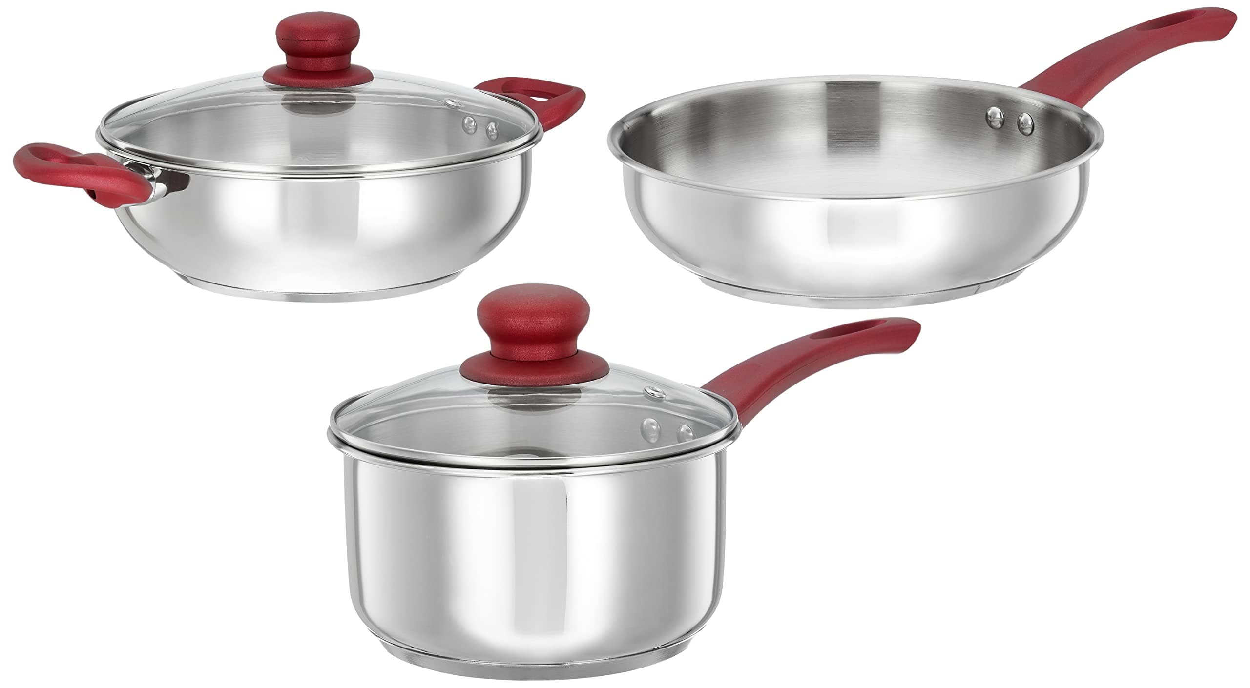 Stainless Steel 3 Piece Cookware Set | Three Layer Impact Forged Heavy Bottom for Durability | Soft Touch Handles & Knob | 2200, 1700, 3000 ML | Silver