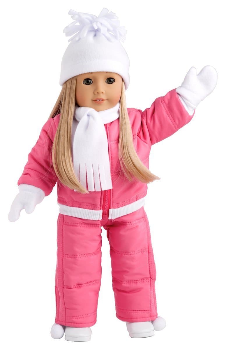 DreamWorld Collections Let It Snow - 7 piece complete snowsuit - includes pink snow pants, jacket, white turtle neck, hat, scarf, mittens and boots - 18 inch doll clothes (doll not included)