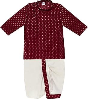 superminis Boy's Cotton Kurta with Dhoti - Golden Thread Work, Round Collar, Full Sleeves, Side Button Kurta Set for Ethnic Wear