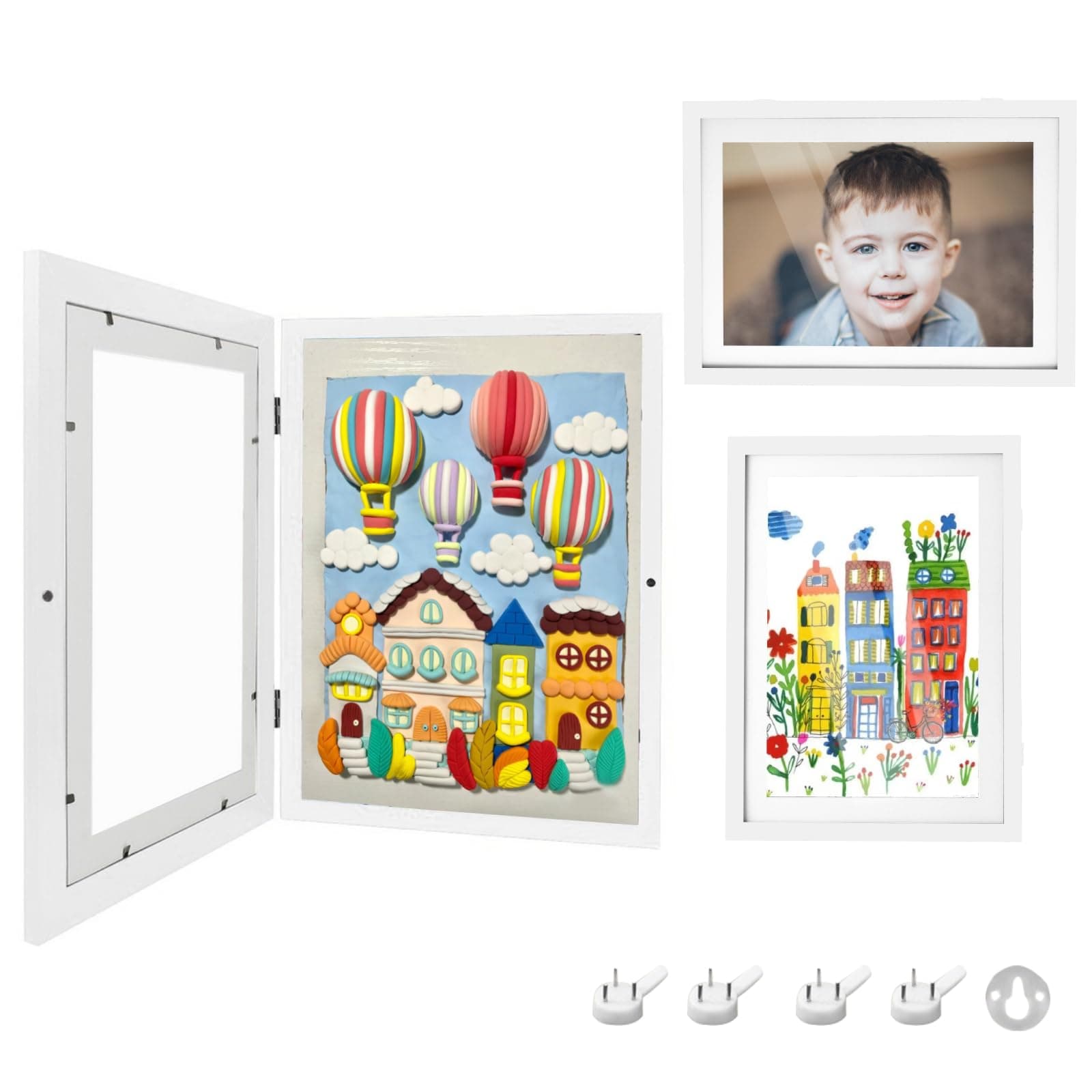 2PCS White Kids Artwork Frames Changeable Hanging Storage Kids Art Display Frame Front Opening A4 Picture Frame for 150 Photo Storage Children Art Projects Work,1 Pack