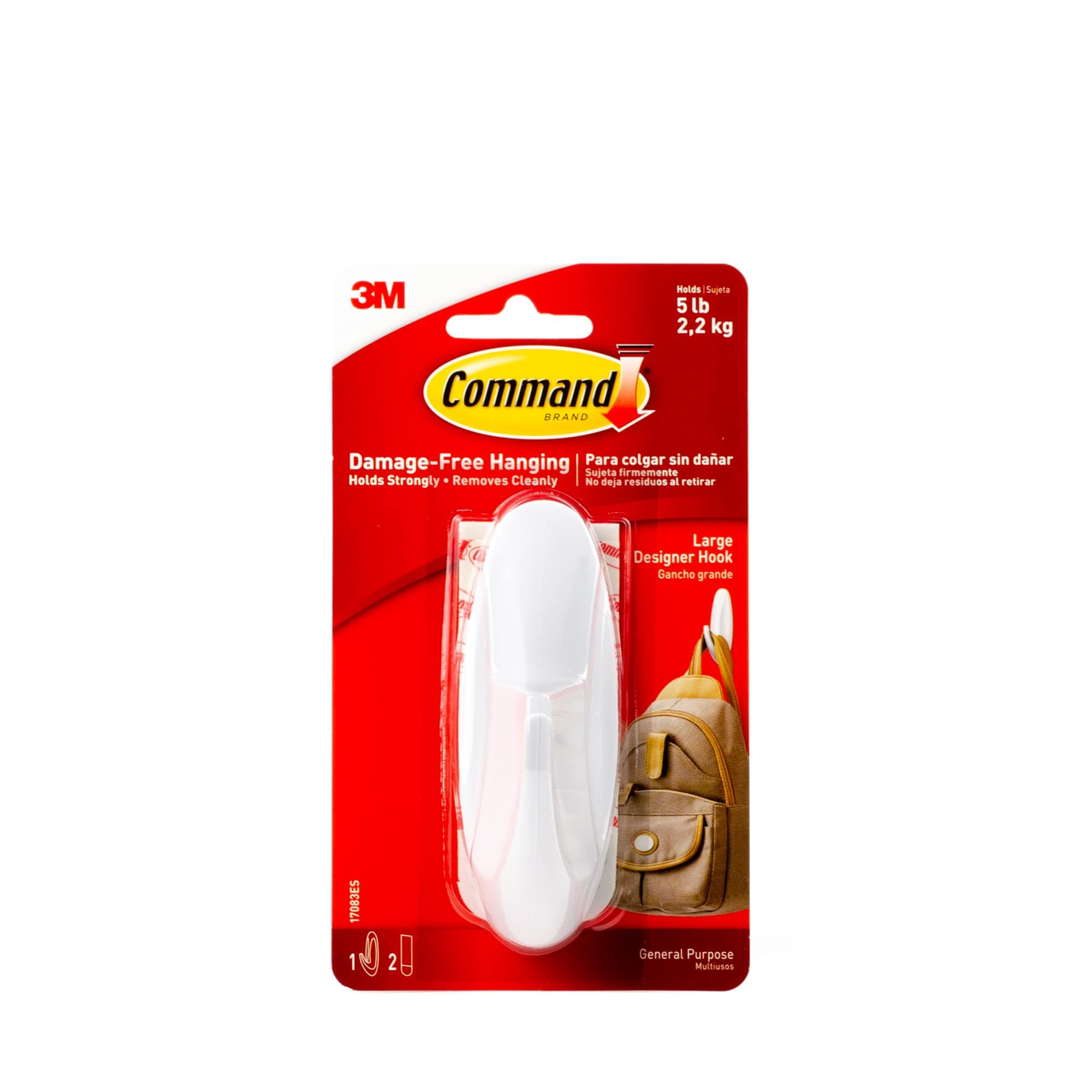 Command Designer Large Hook White color, 1 hook + 2 strips/pack | Holds 2.2 kg | Organize | Decoration | No Tools | Holds Strongly | Damage-Free Hanging