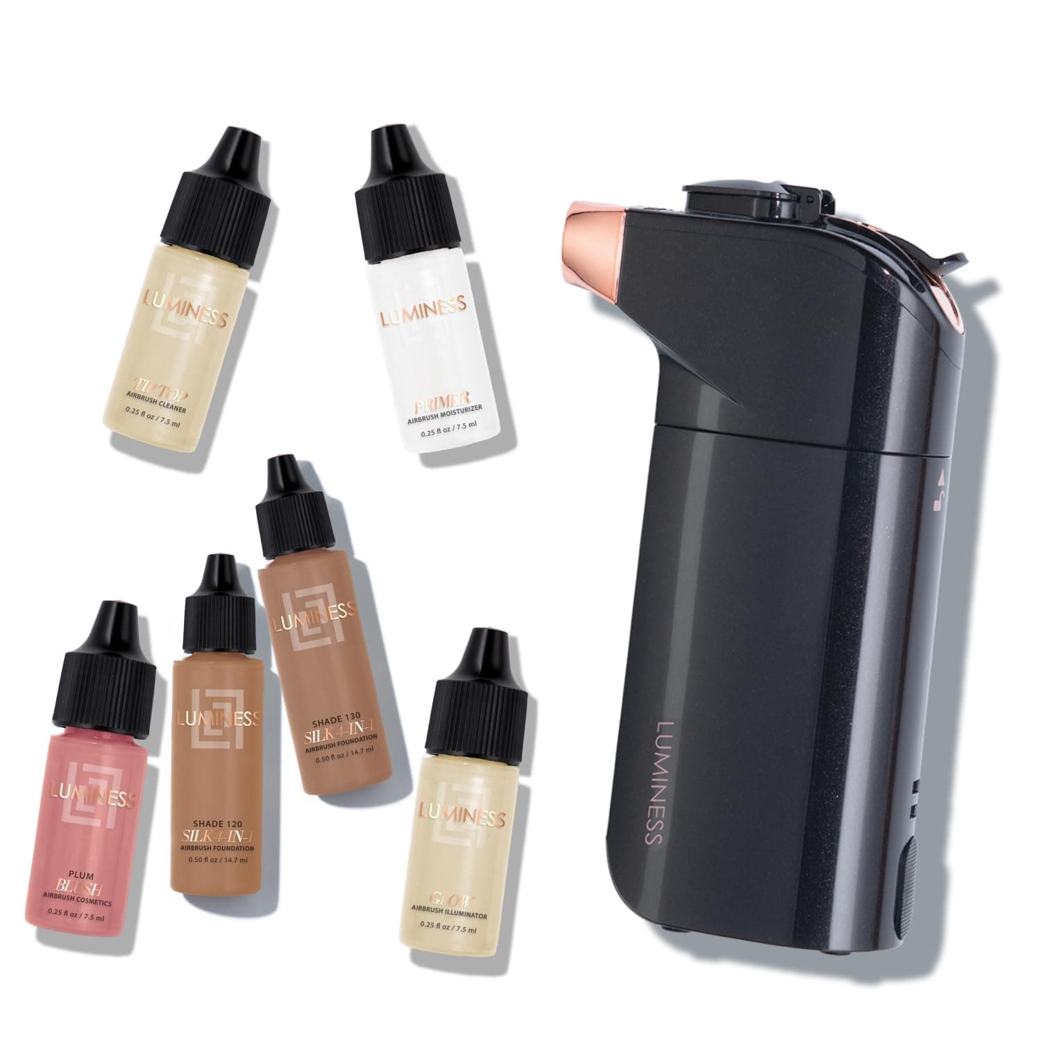 Luminess Breeze Duo Airbrush Makeup System, Deep Coverage – 9-Piece Kit includes 2x Silk Airbrush Foundation, Apricot Shade Blush, Glow Highlighter, Moisturizer Primer, and Airbrush Cleaning Solution