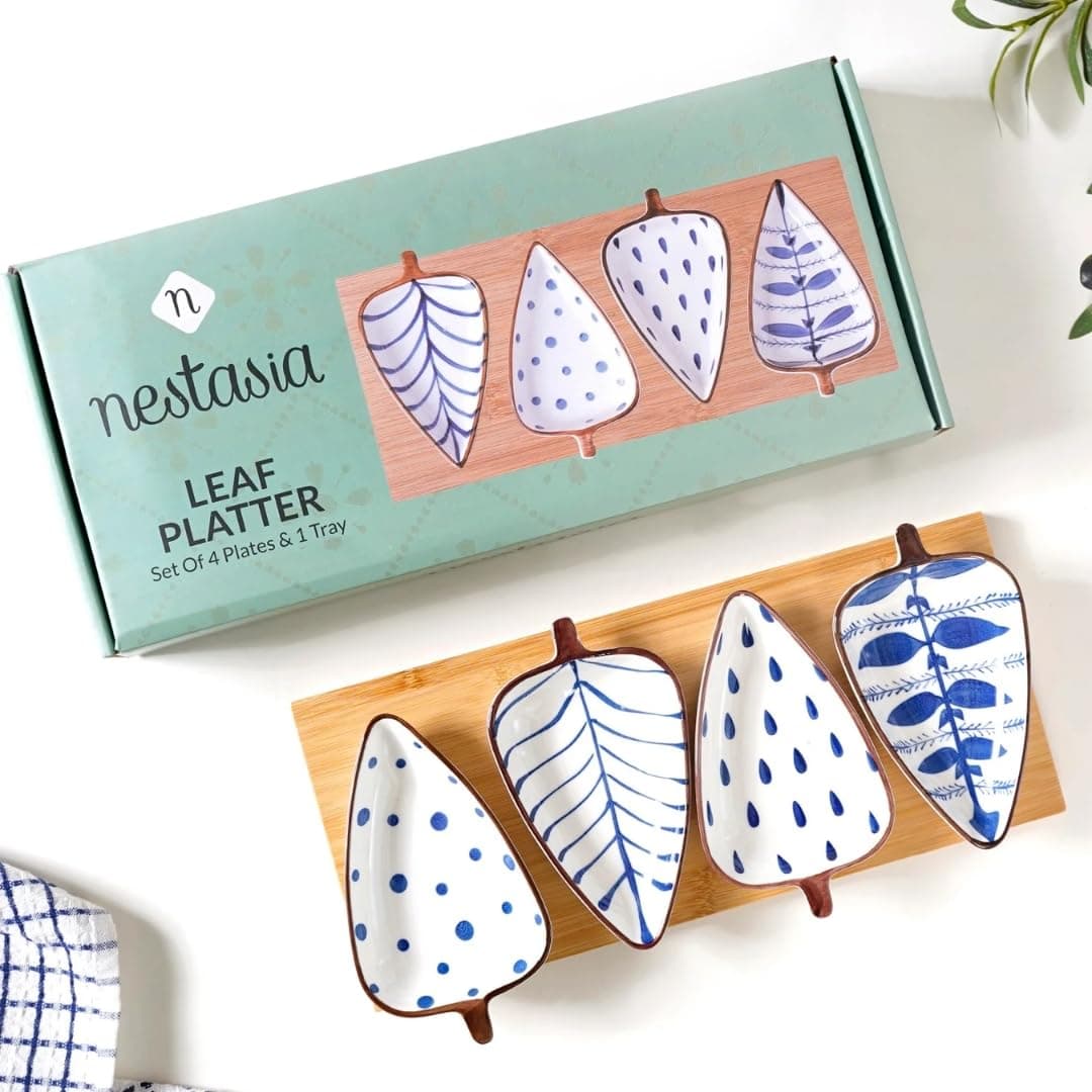 Nestasia Ceramic Serving Platter | 4 Small Leaf-Shaped Plates with 1 Wooden Tray | Perfect for Serving Sweets, Cookies, Dry Fruits, Mouth Freshner & Snacks (Blue & White)