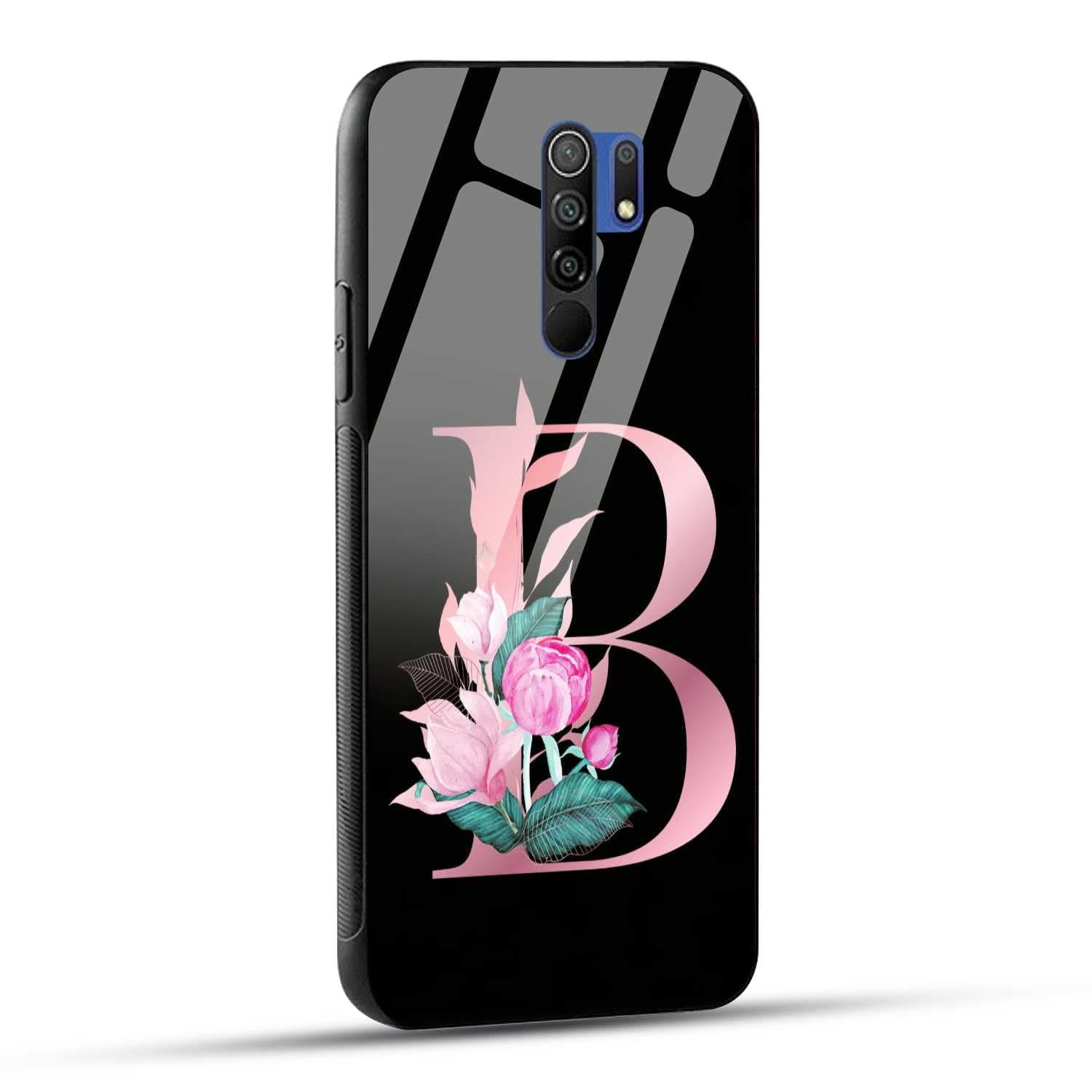 NDCOM for Redmi 9 Prime Back Cover B Alphabet Pink Floral Name Initial Letter Premium Printed Glass Case