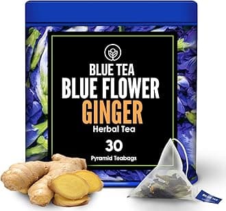 BLUE TEA - Butterfly Pea Flower Ginger herbal tea - 30 Pyramid Tea Bags | NATURAL COLORING for FOOD, Iced Tea, Cocktails etc. | Flower Herbal Tea - Tisane - Premium Tin Pack