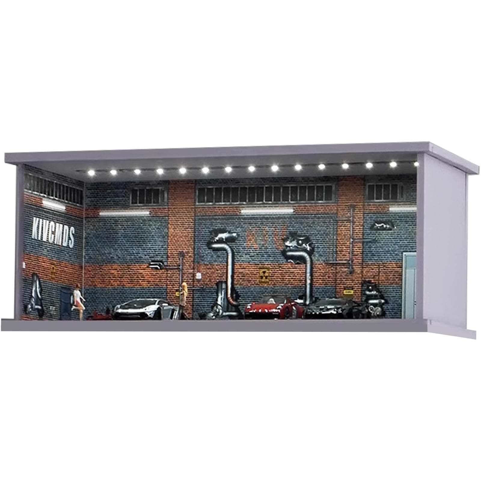 Display Case for Hot Wheel with LED Light Stackable Mega Garage Storage for 1:64 Matchbox & Diecast Cars 6-Slot Parking Diorama with Illuminated Showcase (Red-Factory)