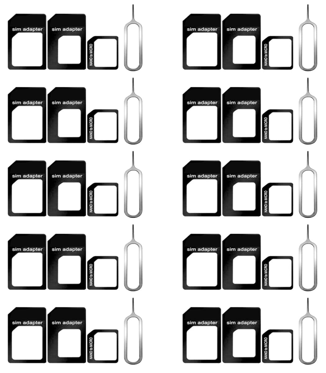 10 Pack SIM Card Adapter Kit, 4 in 1 Nano Micro Standard Converter Kit with Steel SIM Tray Eject Pin 1, Black