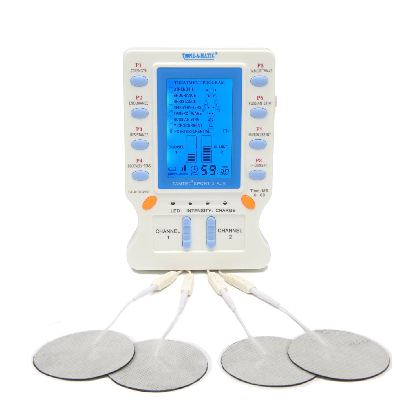 Electric Muscle Stimulator EMS and TENS Unit - 8 Programs, 12 Adhesive Electrodes TAMTEC Sport 2 Plus with TENS, EMS, ARP