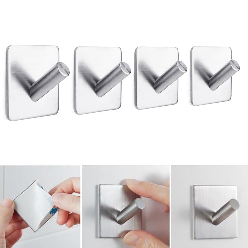 Wall Mounted Hook Self Adhesive Hooks, Stainless Steel Waterproof Wall Hooks for Hanging Clothes, Bathrobes, Clothes, Hats, Bags, Modern Storage Wall Racks(Silver Oblique Hook x 4)