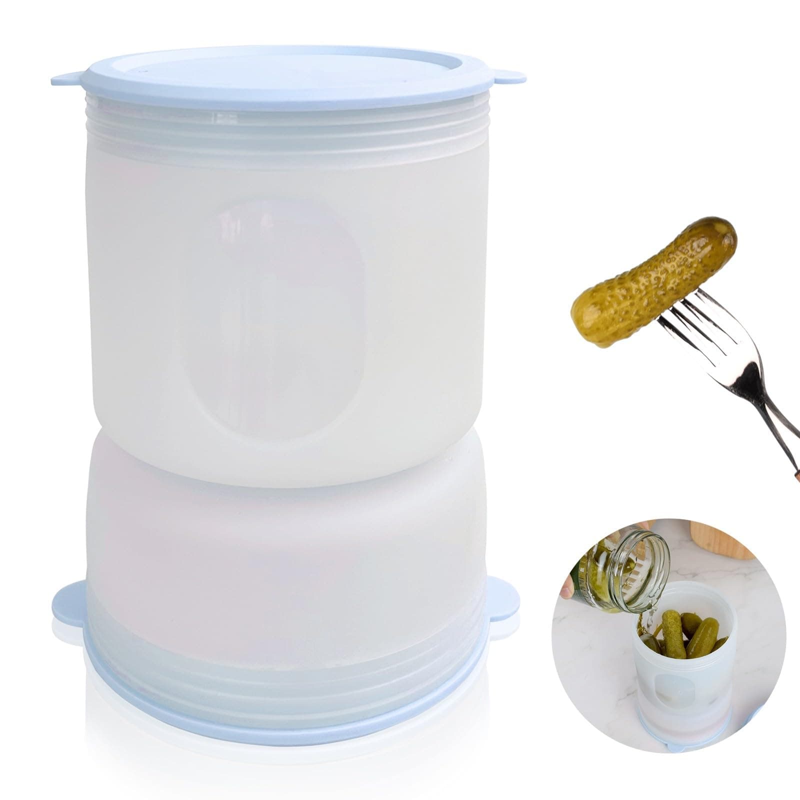 MAG HOME Silicone Pickle Jar Container with Strainer- Fridge Storage Container for Olives, Jalapenos or Other Fruits- Leakproof and Dishwasher Safe 30.4 oz/ 900 ml (Sky Blue)