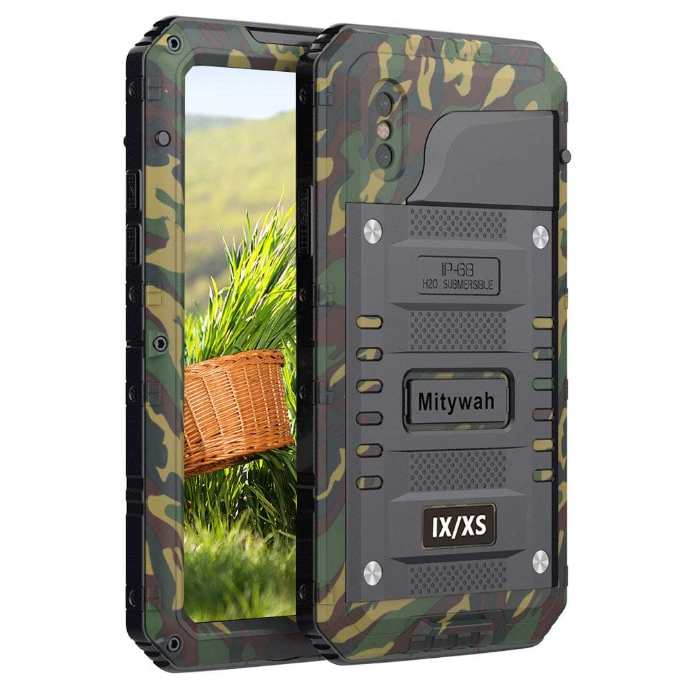 Mitywah Shockproof Case Compatible with iPhone X/XS,Waterproof Full Body Protective Cover with Impact Resistant Aluminium Alloy,Strong Military Defender Heavy Duty Metal Shell for Outdoor, Camouflage