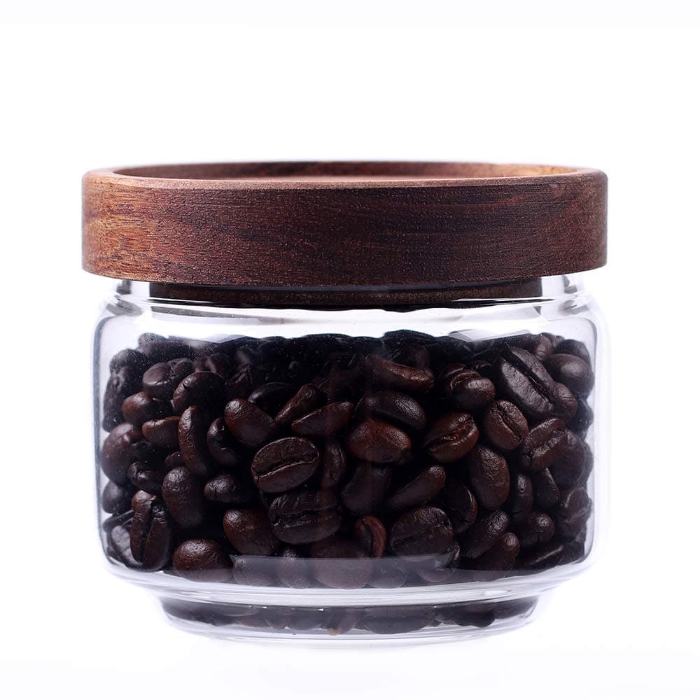 Glass Coffee Containers, 8.5 FL OZ/250 ml Kitchen Serving Food Storage Canister with Sealed Wooden Lid, BPA-Free Clear Glass Jar for Tea Leaves, Powder, Spice(3.06 inch)