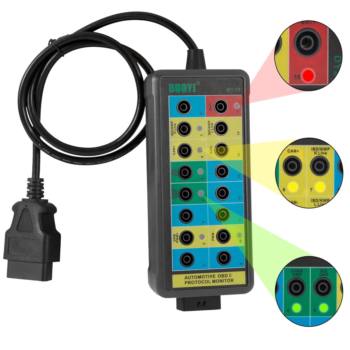 OBD2 Breakout Box & OBDII Protocol Detector Power/Ground Detector 4mm Banana Socket CAN Breakout Box Male/Female Header OBD2 Diagnostic Connector Detector for All OBDII Vehicles