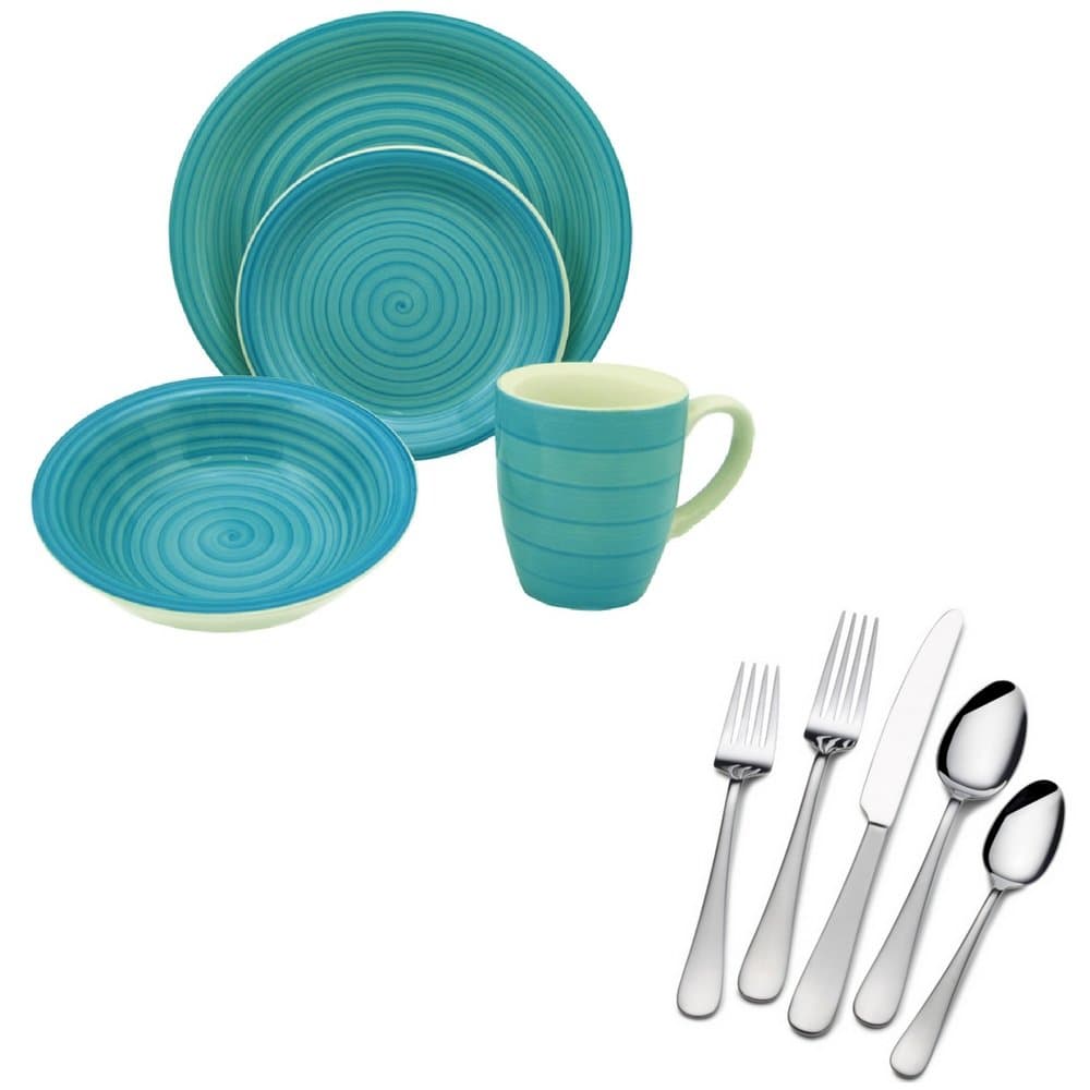 16-Piece Blue Swirl Stoneware Dinnerware Set (Service For 4) And 20-Piece Stainless Steel Satin Symmetry Flatware Set (Service For 4)