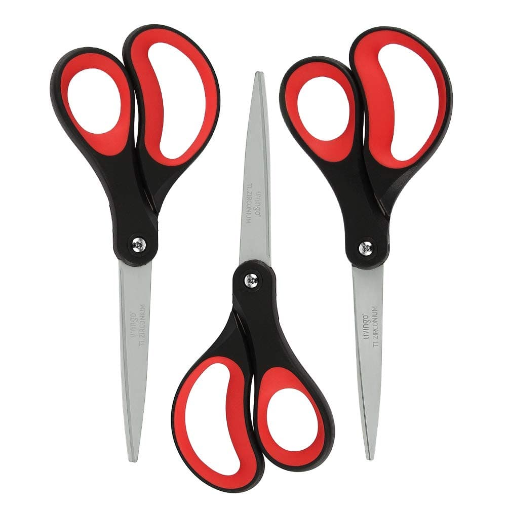 LIVINGO 8“ Scissors All Purpose 3-Pack, Titanium Ultra Sharp for Office Home School Sewing Fabric Craft Supplies, Premium Stainless Steel, Comfort Grip（Red/Black）