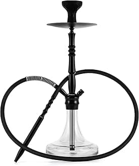 Glass Hookah Complete Set with Everything - Stainless Steel Hookah Down Stem with Diffuser Washable Silicone Hose Rubber Shisha Bowl Metal Charcoal Holder Tongs Purge ready to go,Easy pull